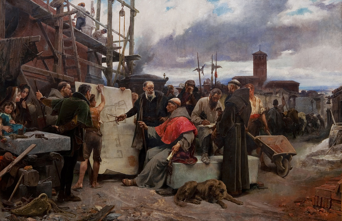 Cardinal Cisneros directs the construction of the Hospital of the Charity. by Alejandro Ferrant y Fischermans