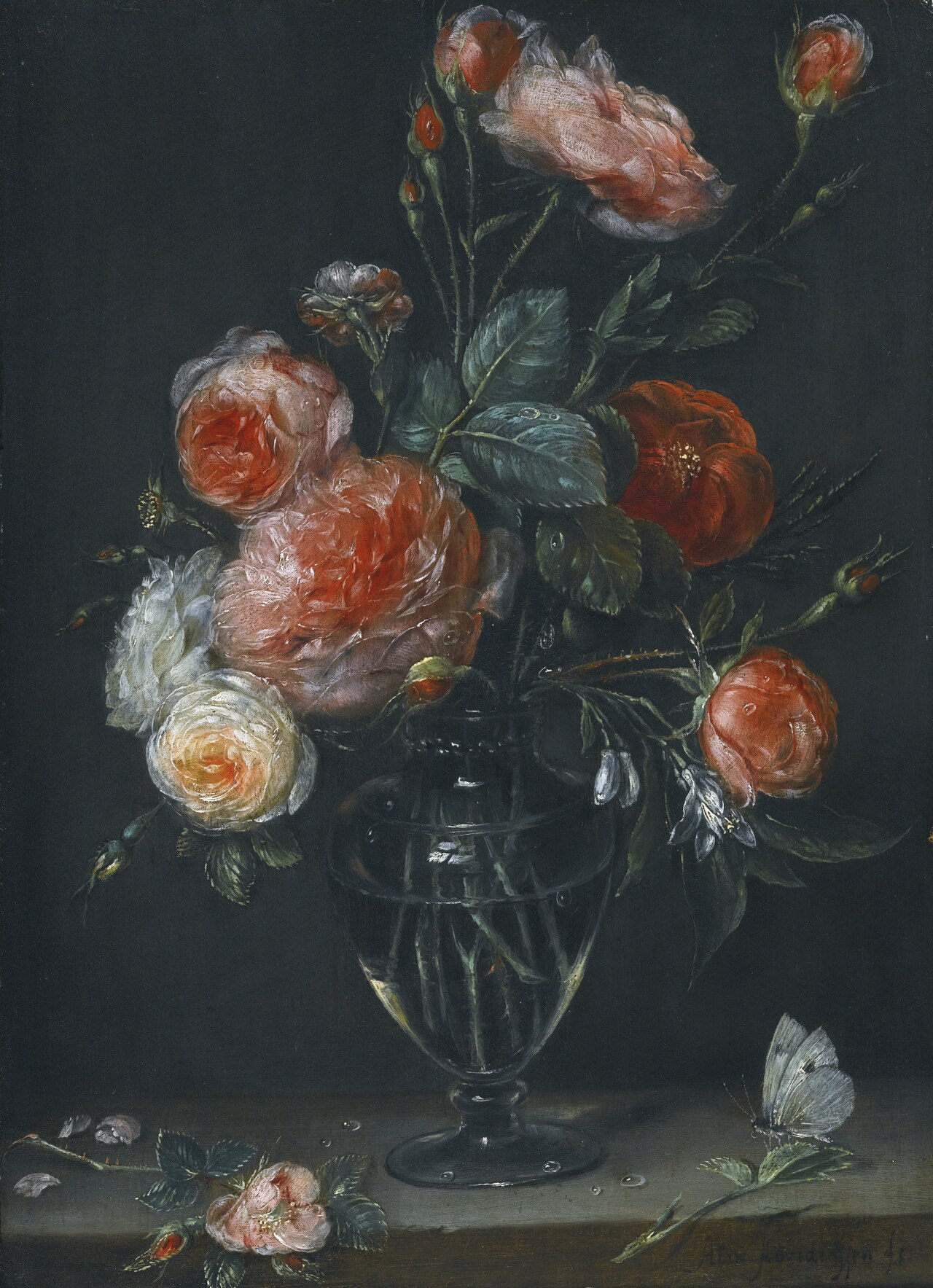 Still life of roses in a glass jar on a stone ledge with a butterfly by Alexander Adriaenssen
