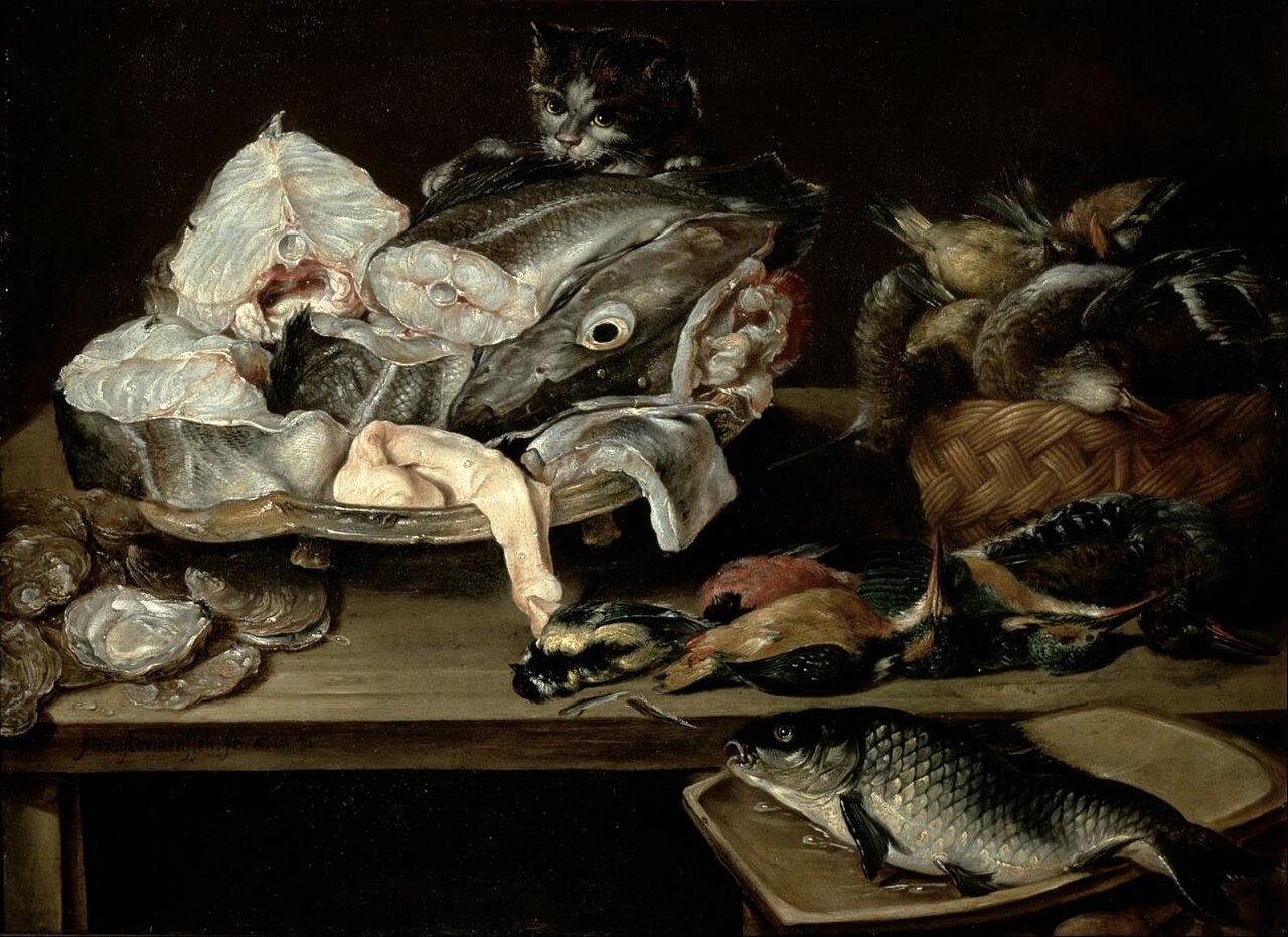 Still Life with Fish and Cat by Alexander Adriaenssen