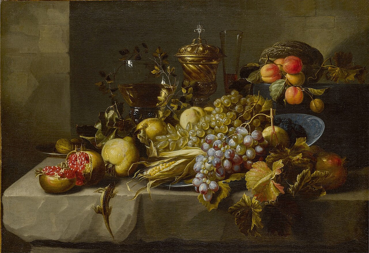 Still life of grapes, pomegranates, walnuts, peaches, an ear of corn, various drinking vessels, and a lizard, all on a stone ledge by Alexander Coosemans