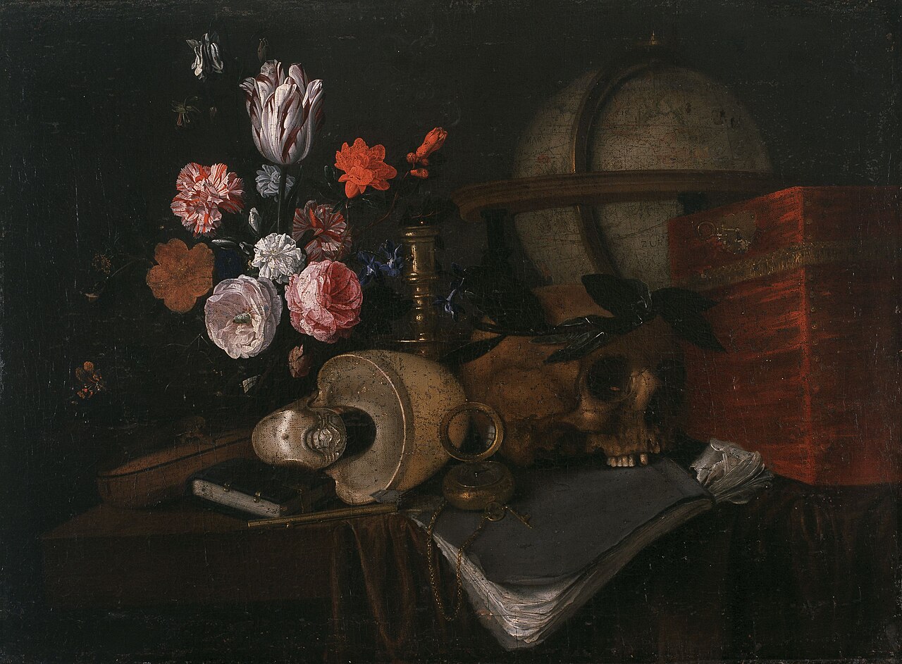 Vanitas with a bouquet by Alexander Coosemans