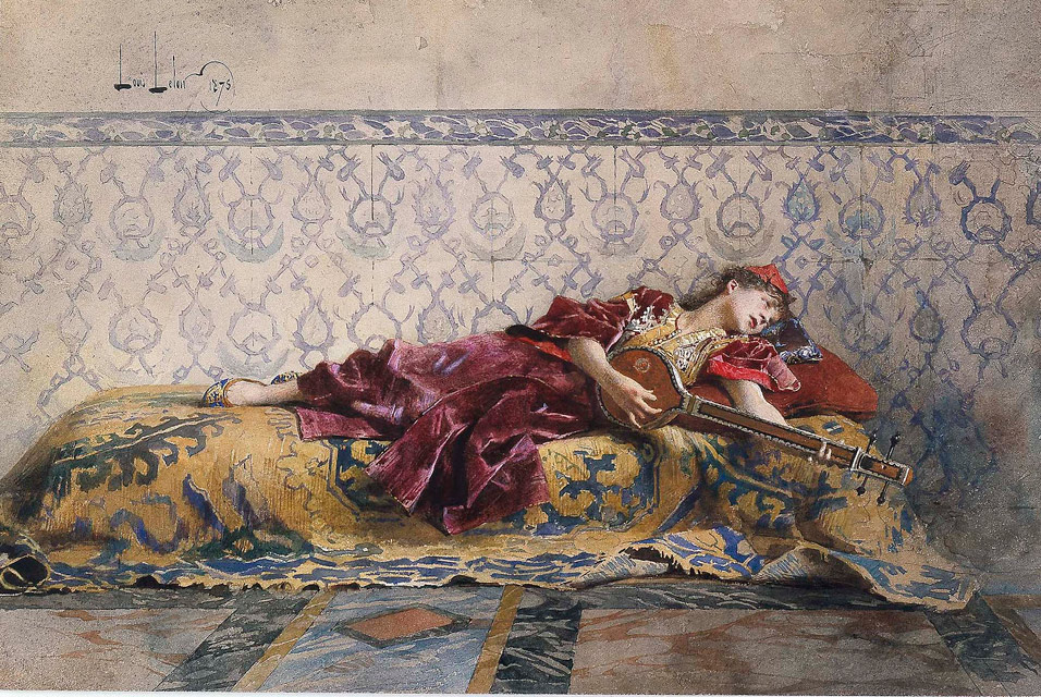 Moroccan Girl, Playing a Stringed Instrument by Alexander Louis Leloir