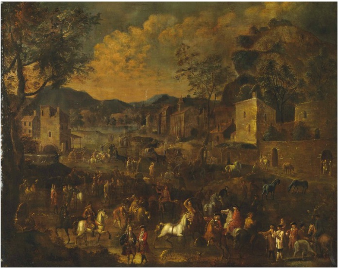 A horse fair in a village, a lake and mountains beyond by Alexander van Bredael