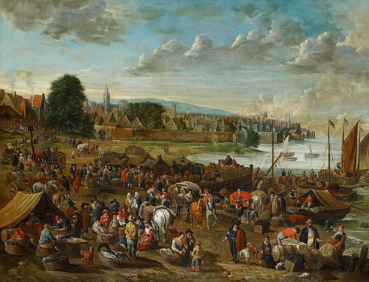 Market outside a town on a river by Alexander van Bredael