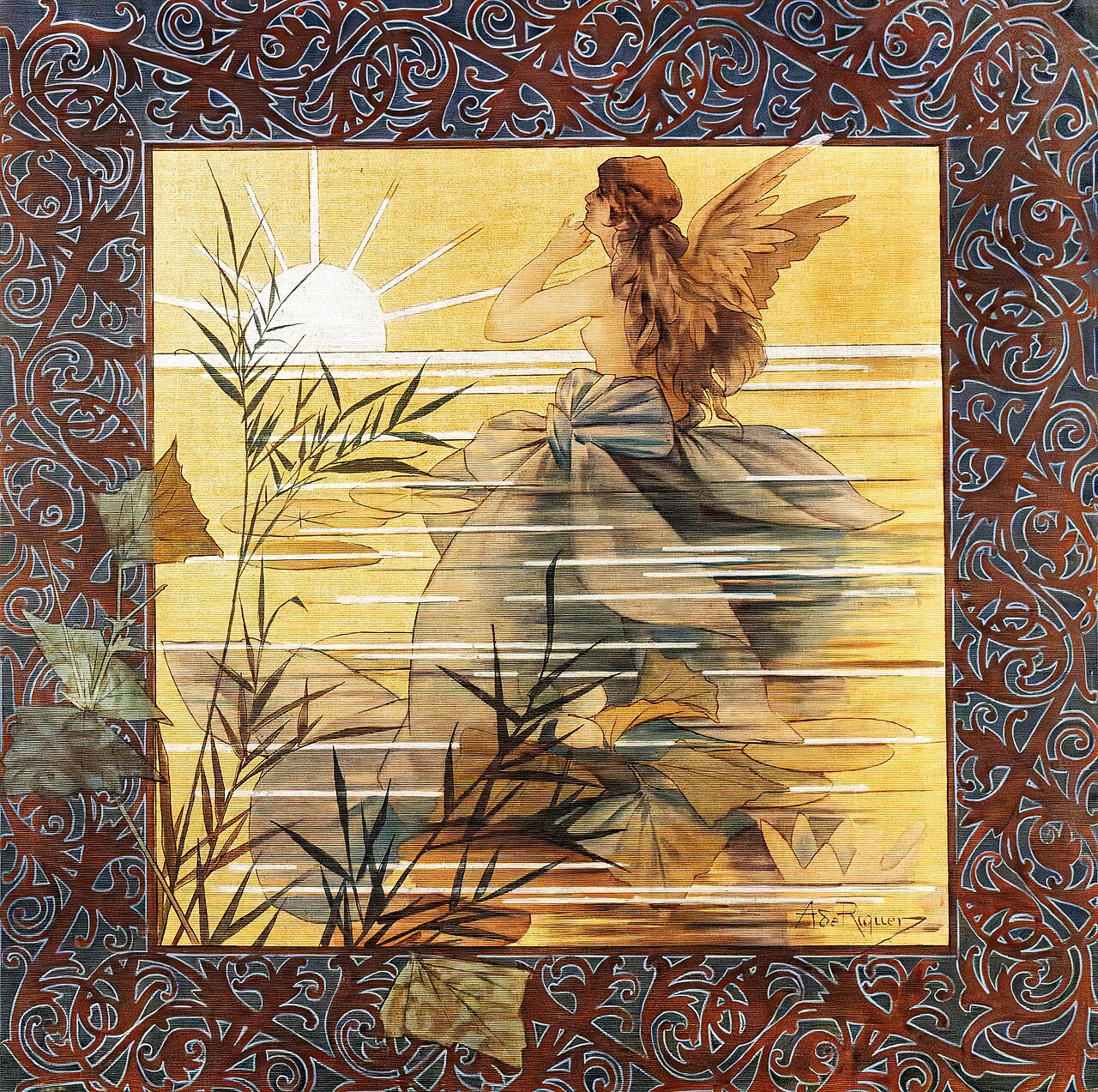 Composition with winged nymph at sunrise by Alexandre de Riquer
