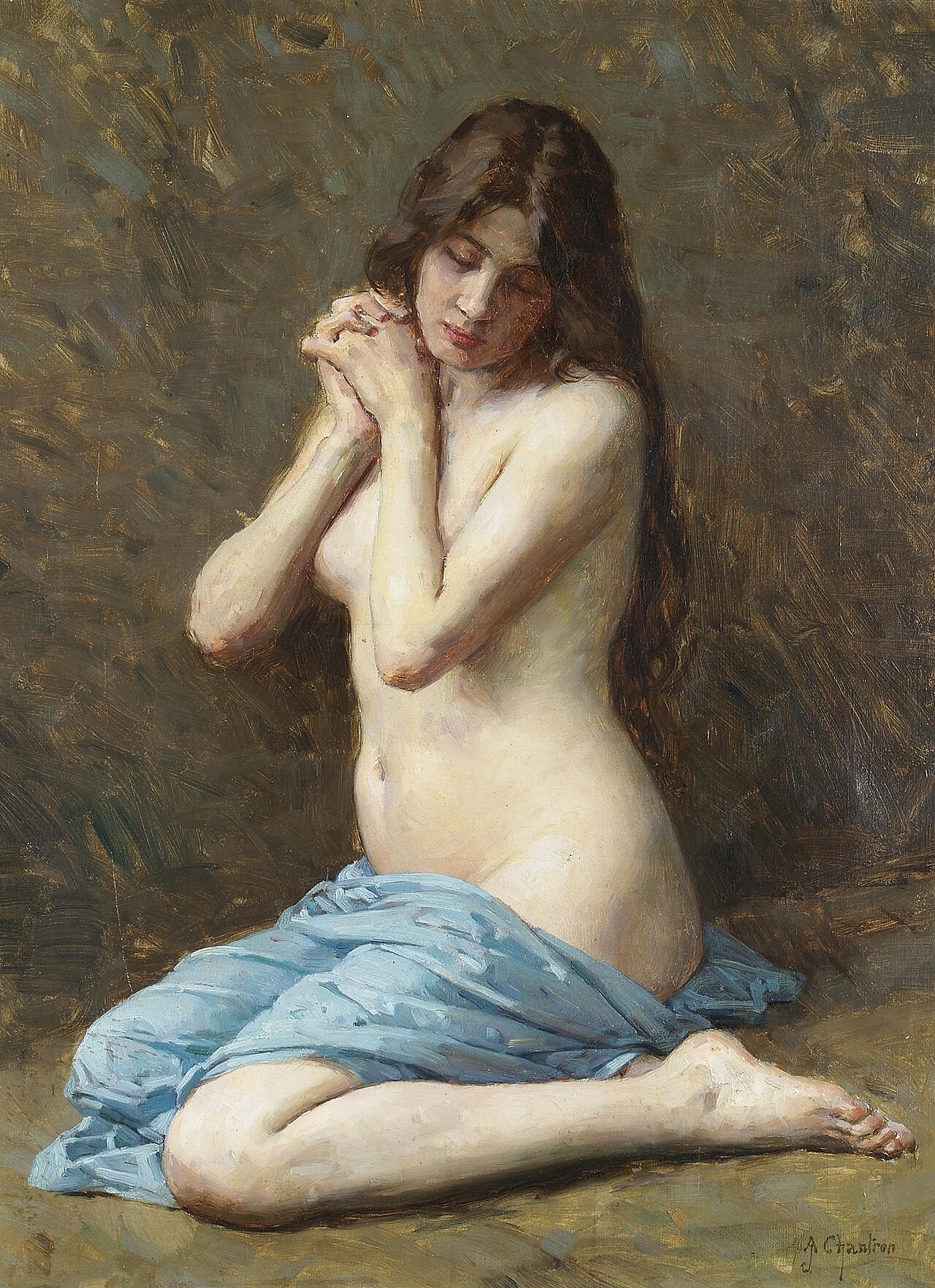 A seated nude with a blue drape, a study for Penitent Magdalena by Alexandre Jacques Chantron