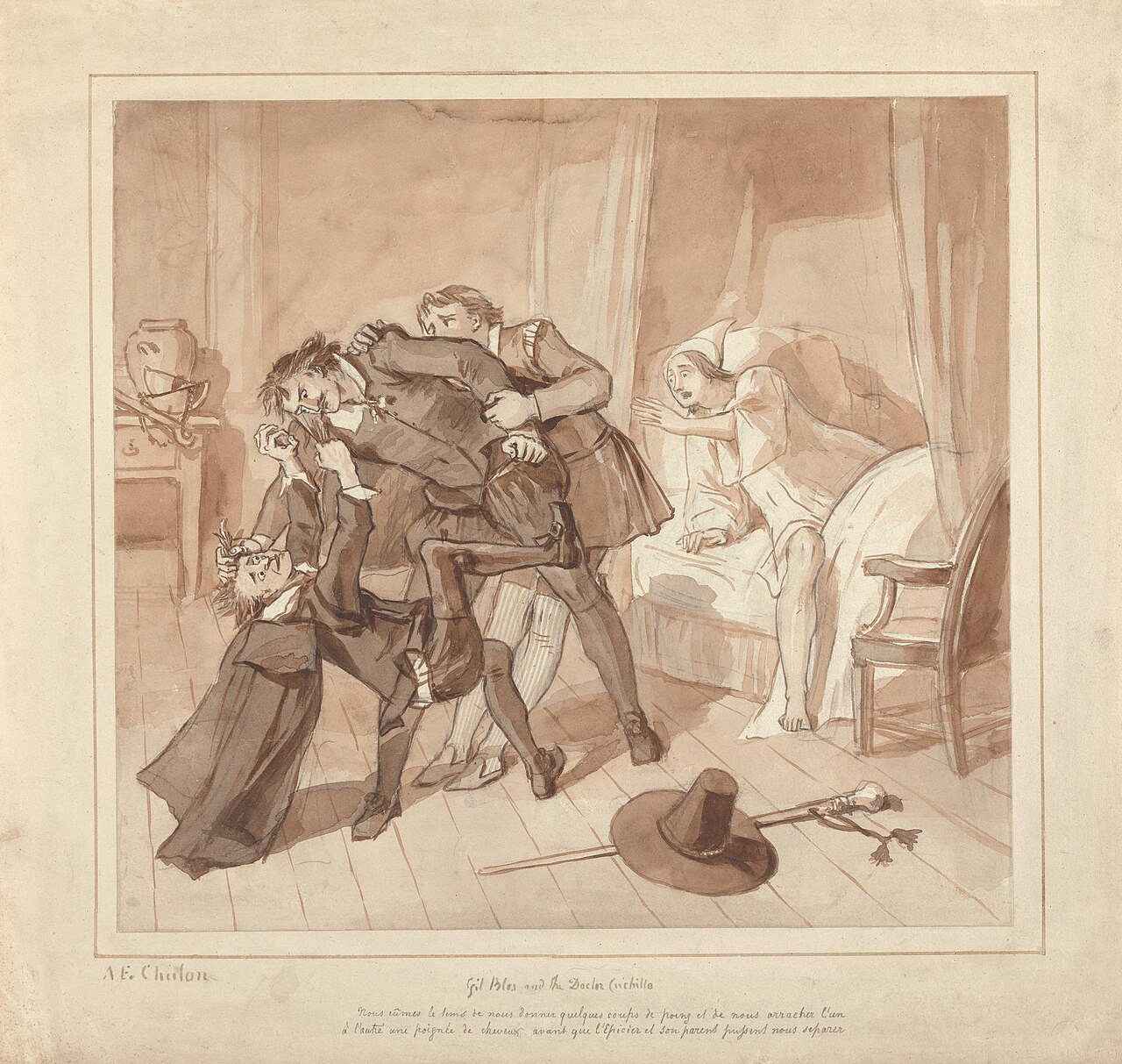 Gil Blas, While Practising Medicine under Dr. Sangrado, Encounters Dr. Cuchillo at the Bedside of the Grocer by Alfred Edward Chalon