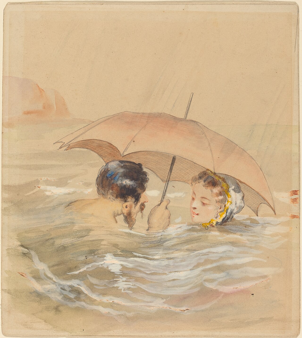 Male and Female Bathers with Umbrella by Alfred Grévin