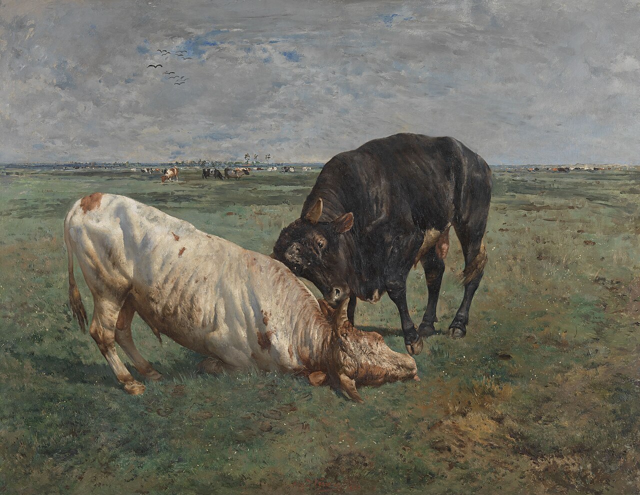 Fight between two young bulls by Alfred Verwee
