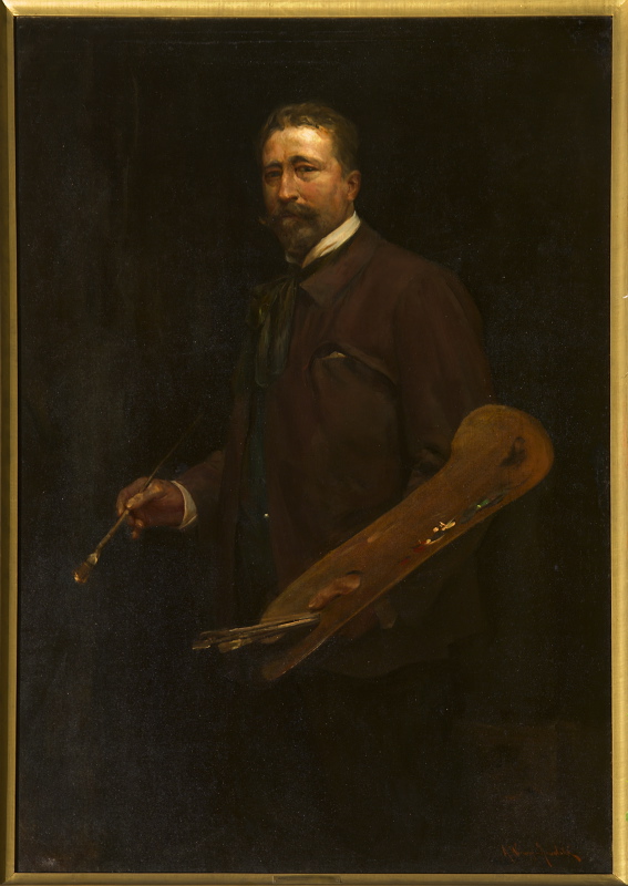 Self-portrait with palette by Alfred Wierusz-Kowalski