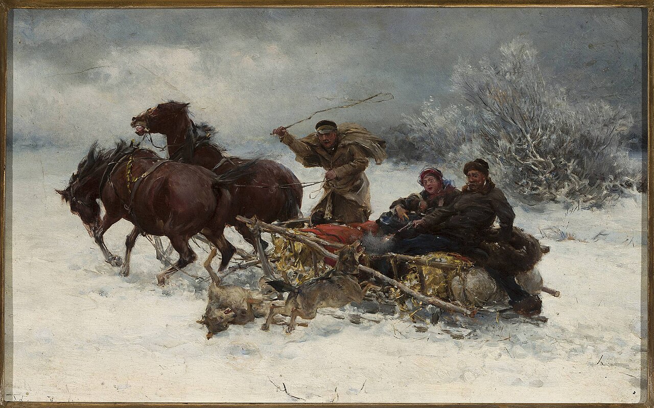 Wolves attacking sleigh cart by Alfred Wierusz-Kowalski