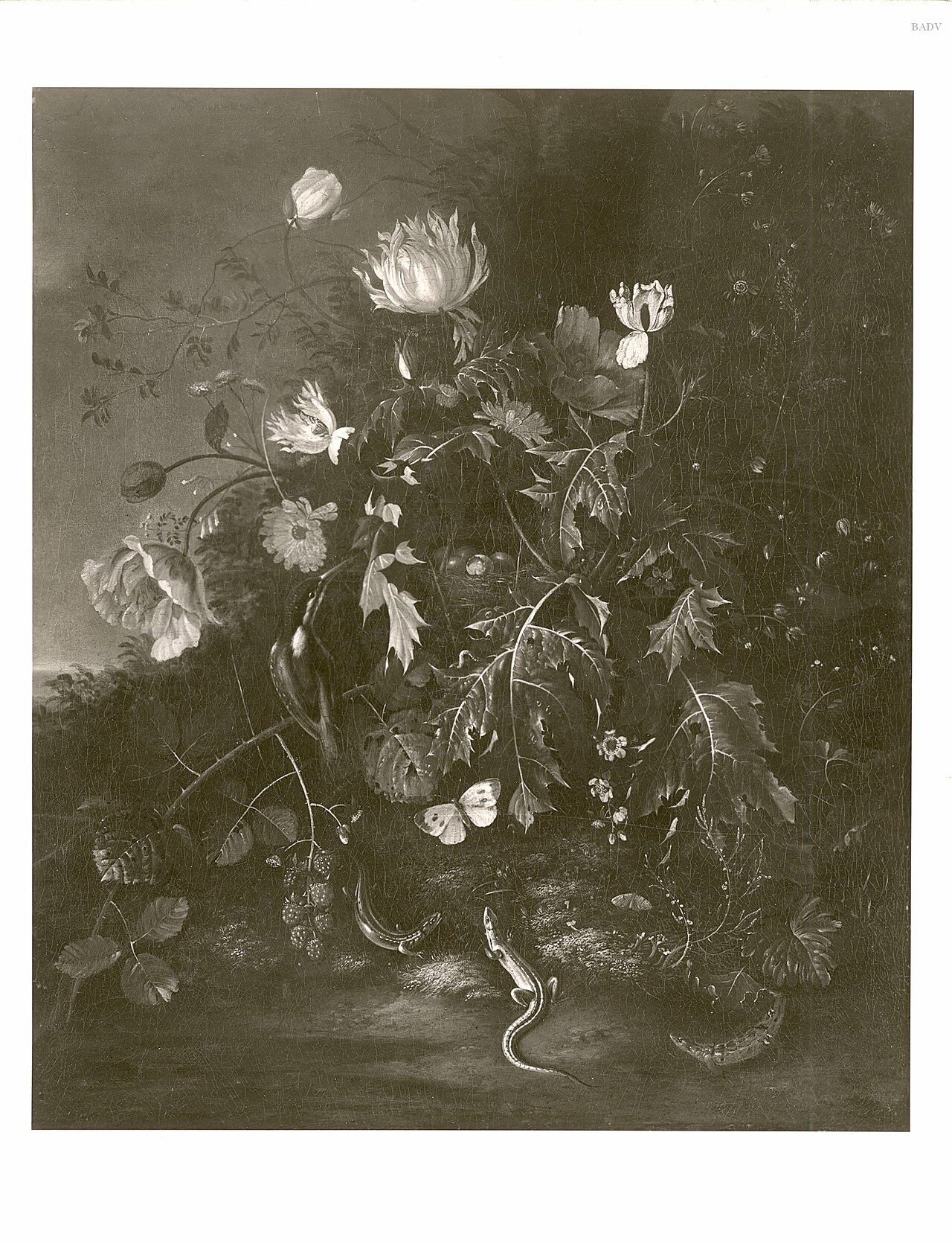 Flower still life with kingfisher and lizard in a landscape by Alida Withoos
