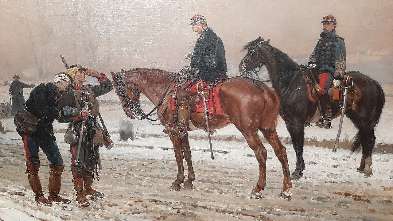 Général interrogeant un garde mobile soutenant un lieutenant blessé by Alphonse de Neuville