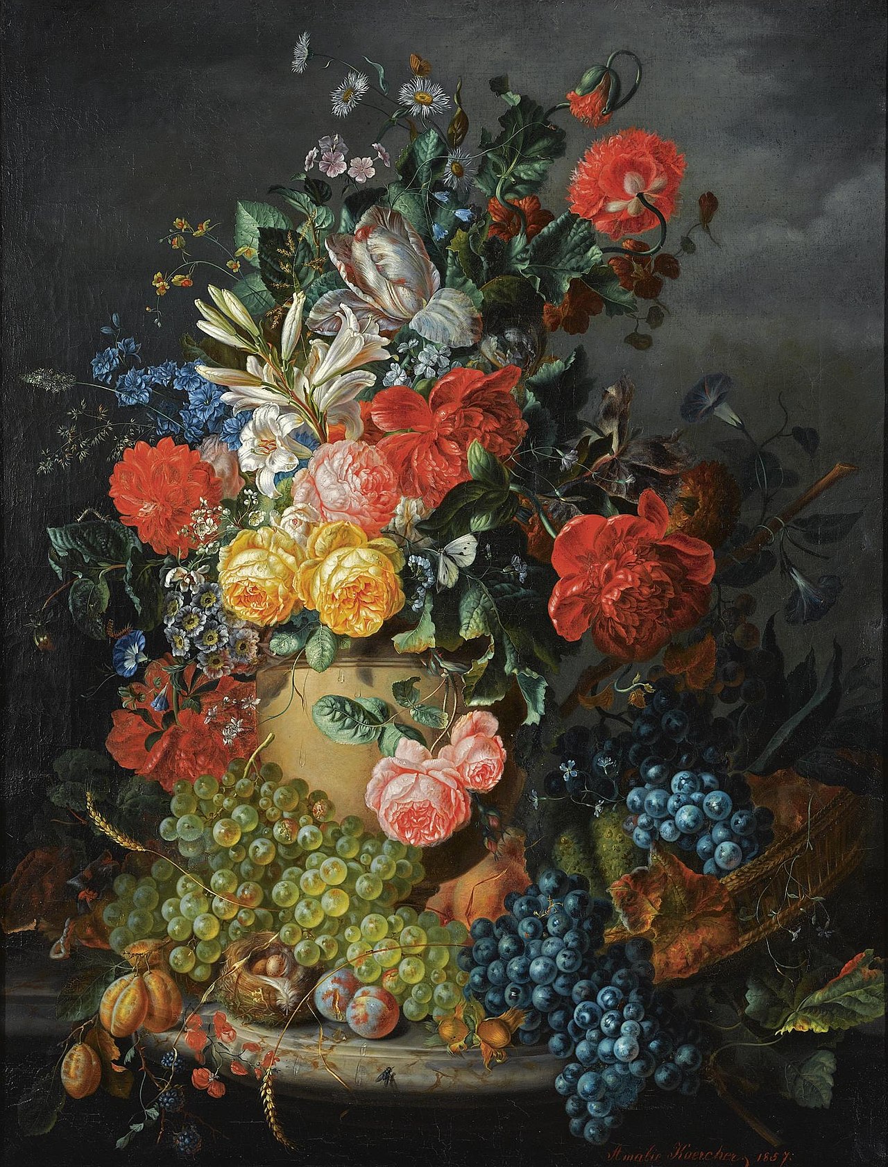 A Flower Still Life with Grapes by Amalie Kaercher