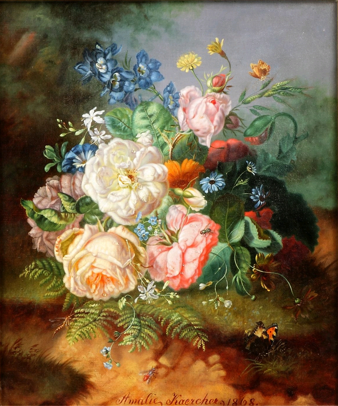 Floral still life with butterflies & insects by Amalie Kaercher
