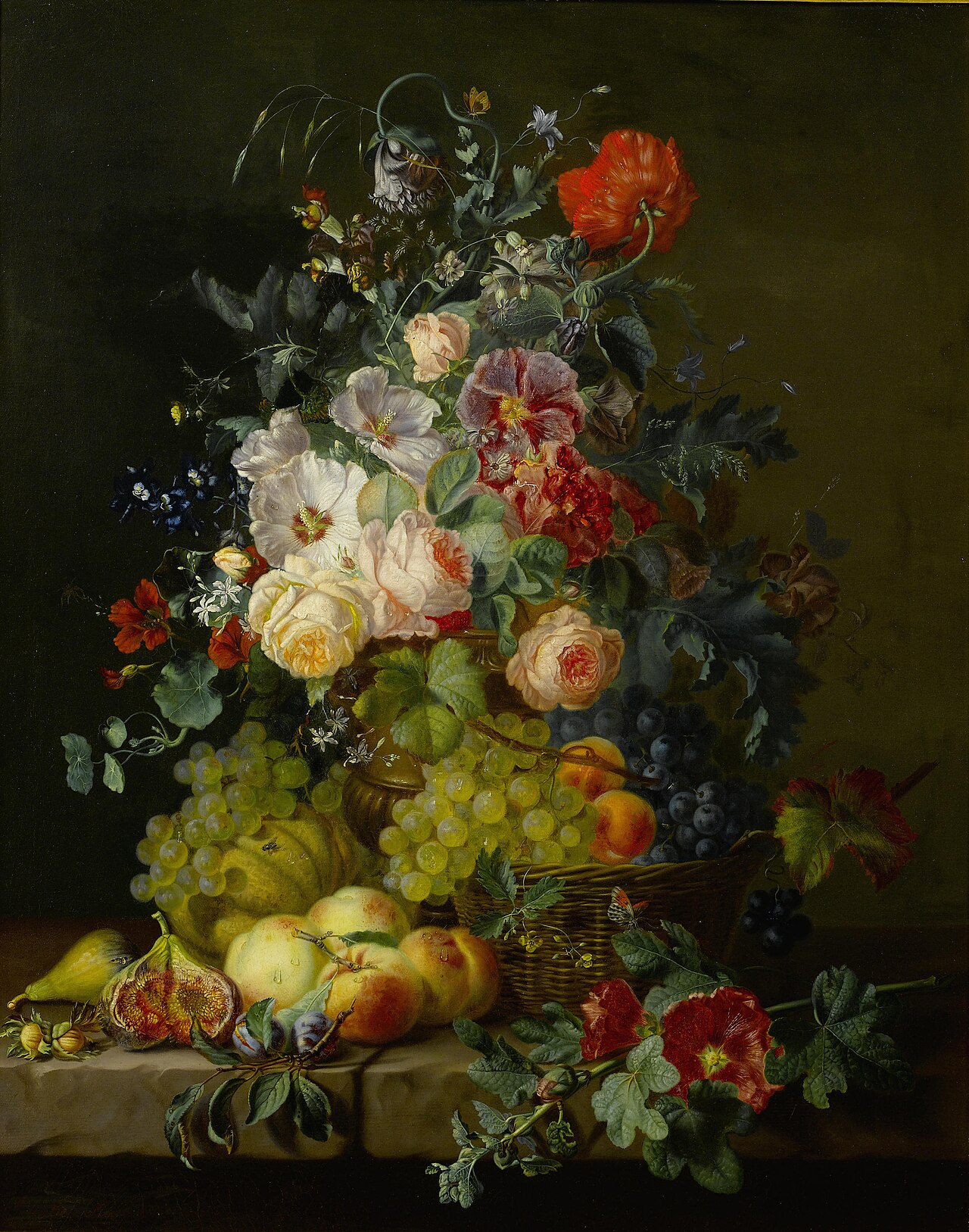 Still life of fruit and flowers on a ledge by Amalie Kaercher