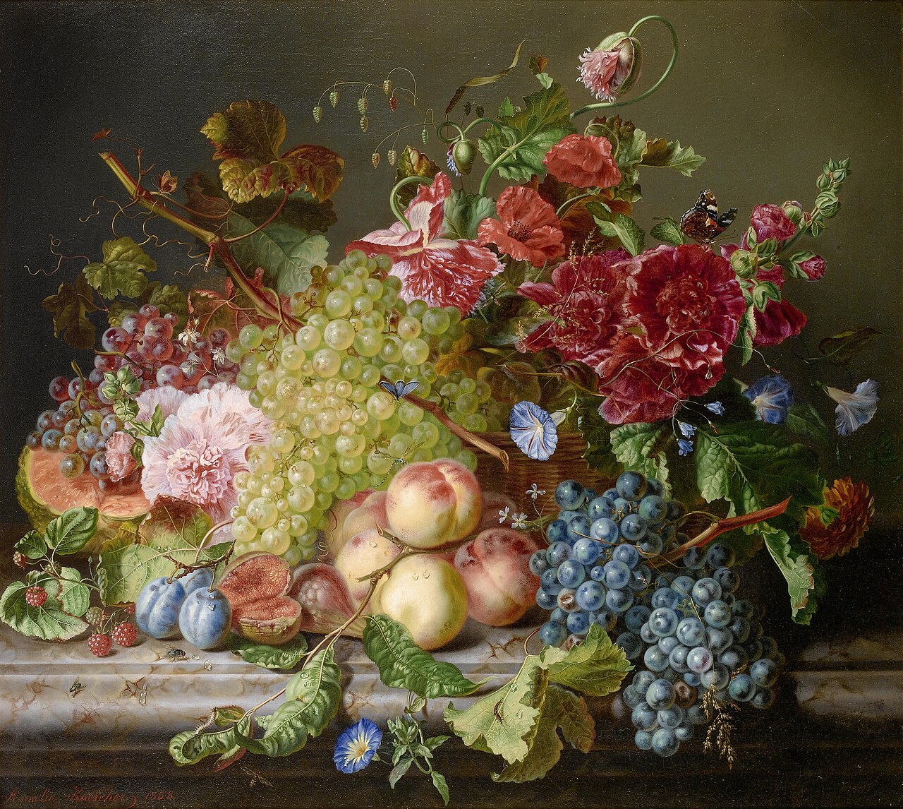 Still life with fruit and flowers on a ledge by Amalie Kaercher