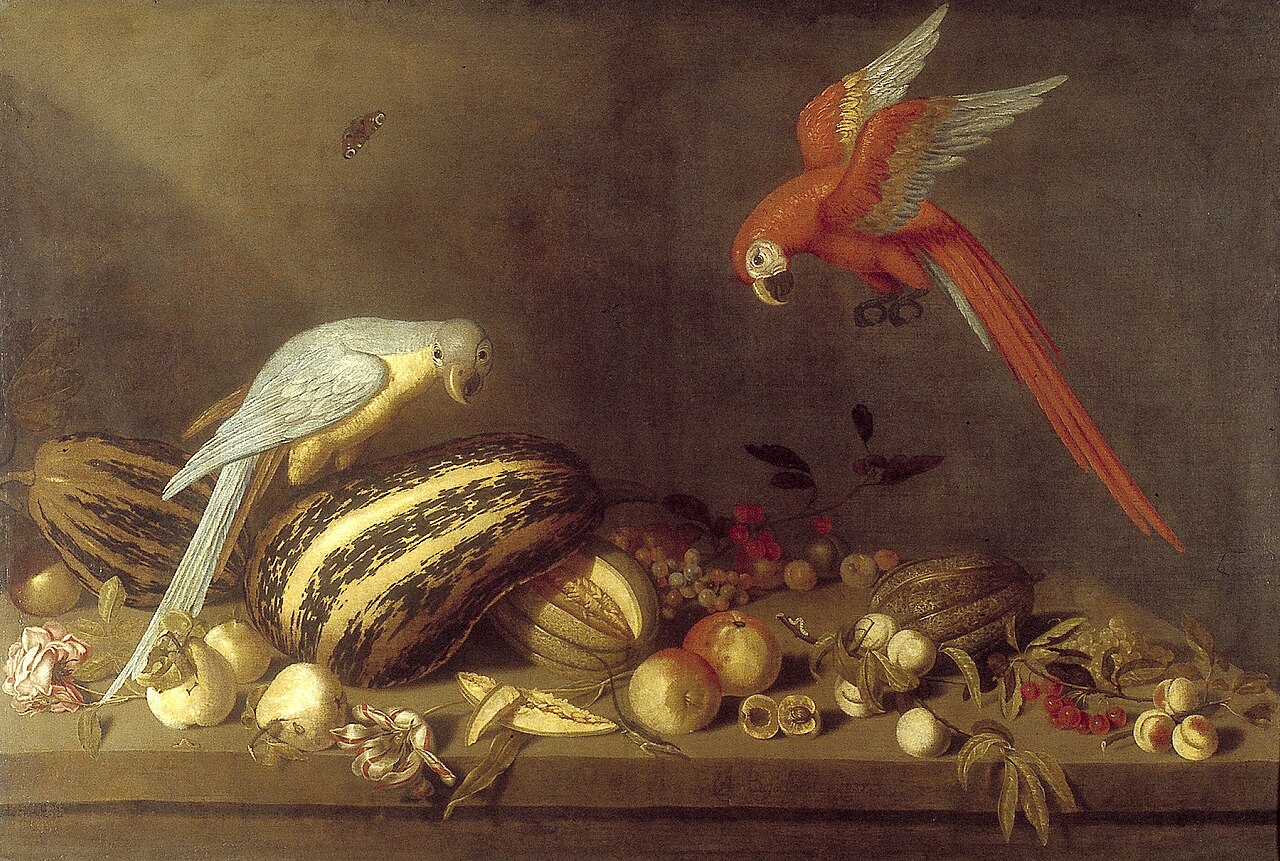Still life with fruit, flowers and two parrots by Ambrosius Bosschaert II