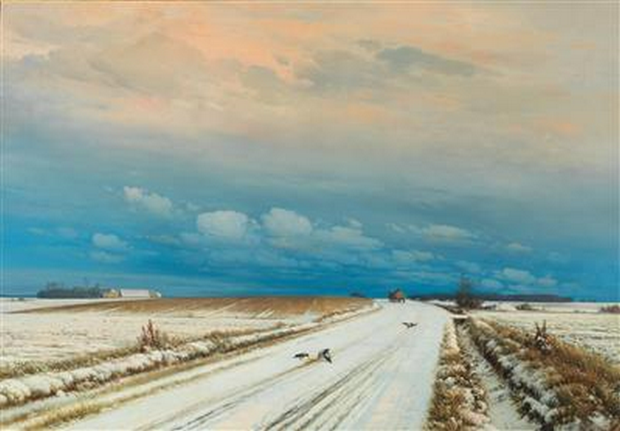 A cart in a cloudy winter landscape. by Anders Andersen-Lundby