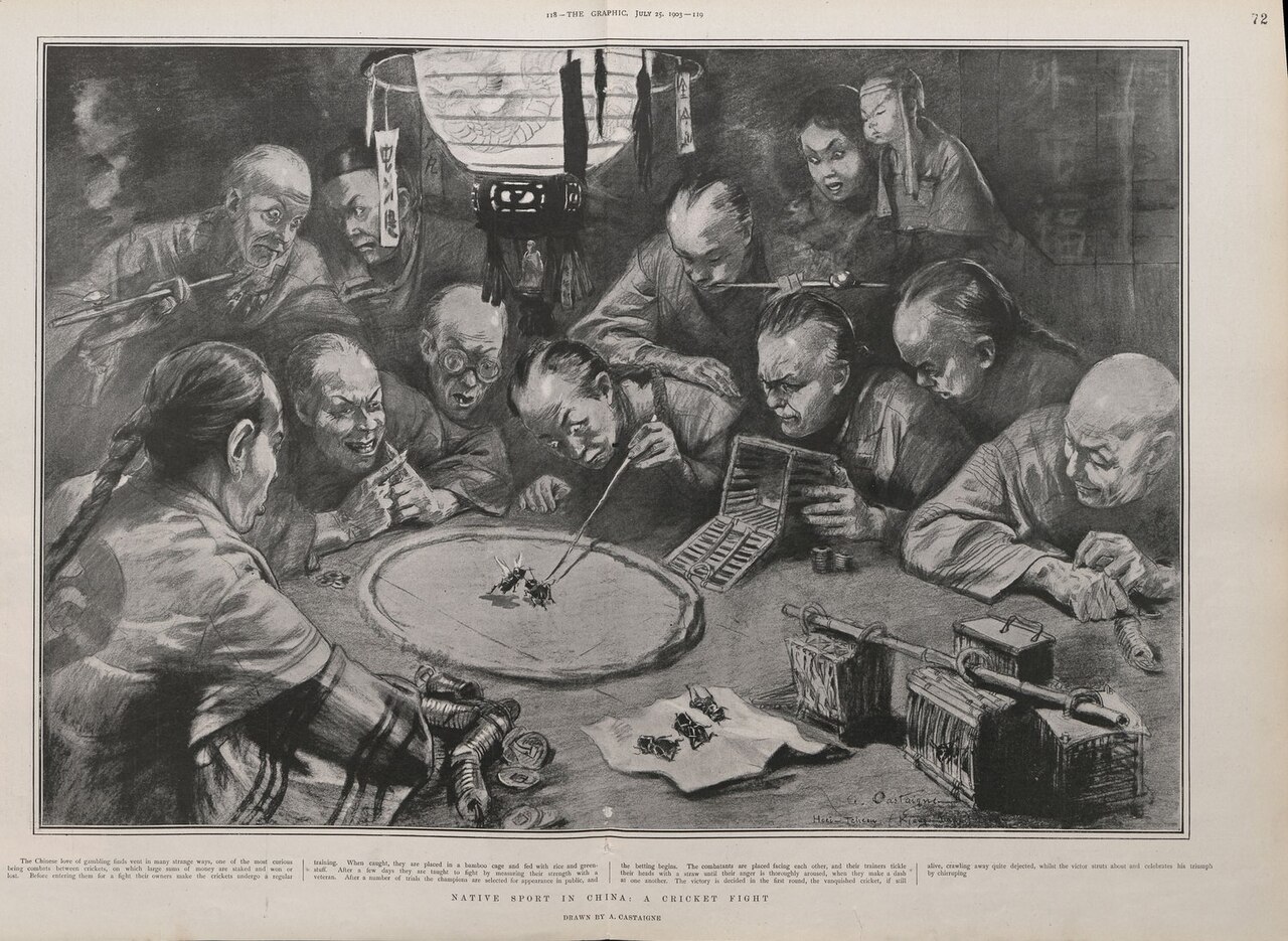Native sport in China: a cricket fight. Drawn by A. Castaigne by André Castaigne