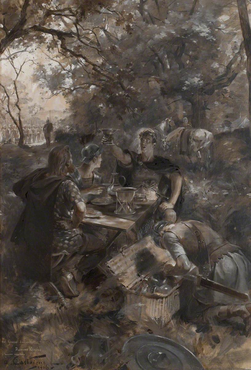 Warriors resting beneath a Tree ('Remember that you have sat with the Emperor of Britain and Gaul'; Puck of Pook's Hill) by André Castaigne
