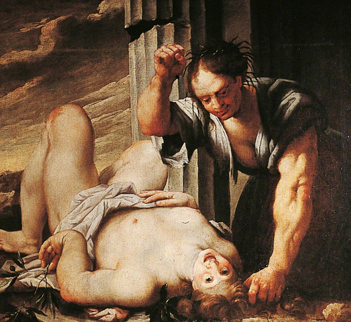 Two Figures against a Pillar, One Reclining Nude (The Triumph of Nature over Mankind) by Andrea Celesti