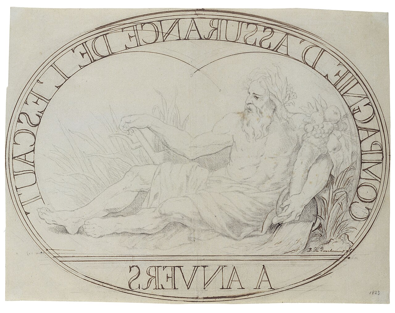 Design for an oval platter with the river god Scaldis by Andreas Bernardus de Quertenmont