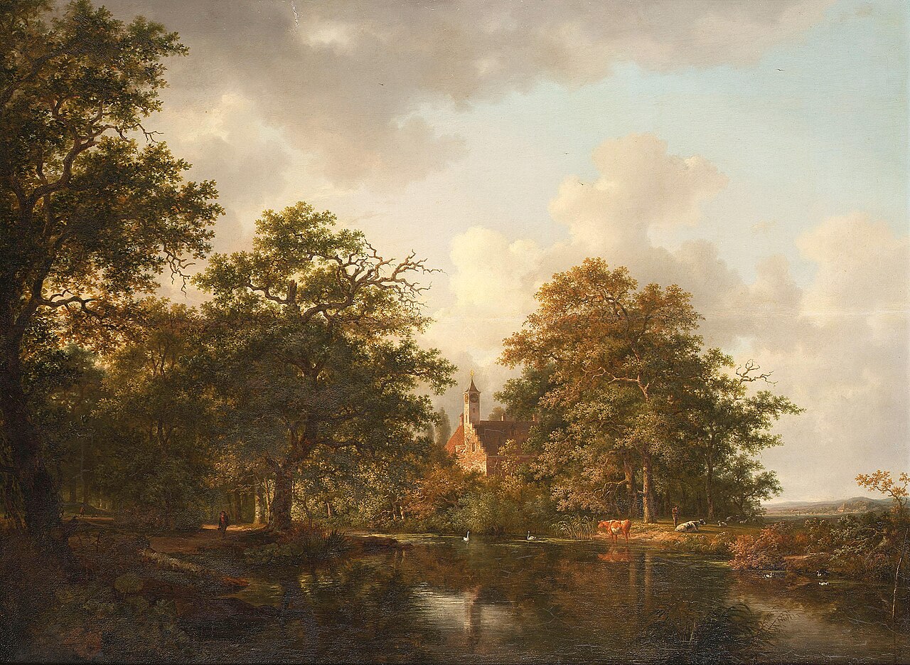 Figures and cattle beside a lake in a wooded landscape by Andreas Schelfhout