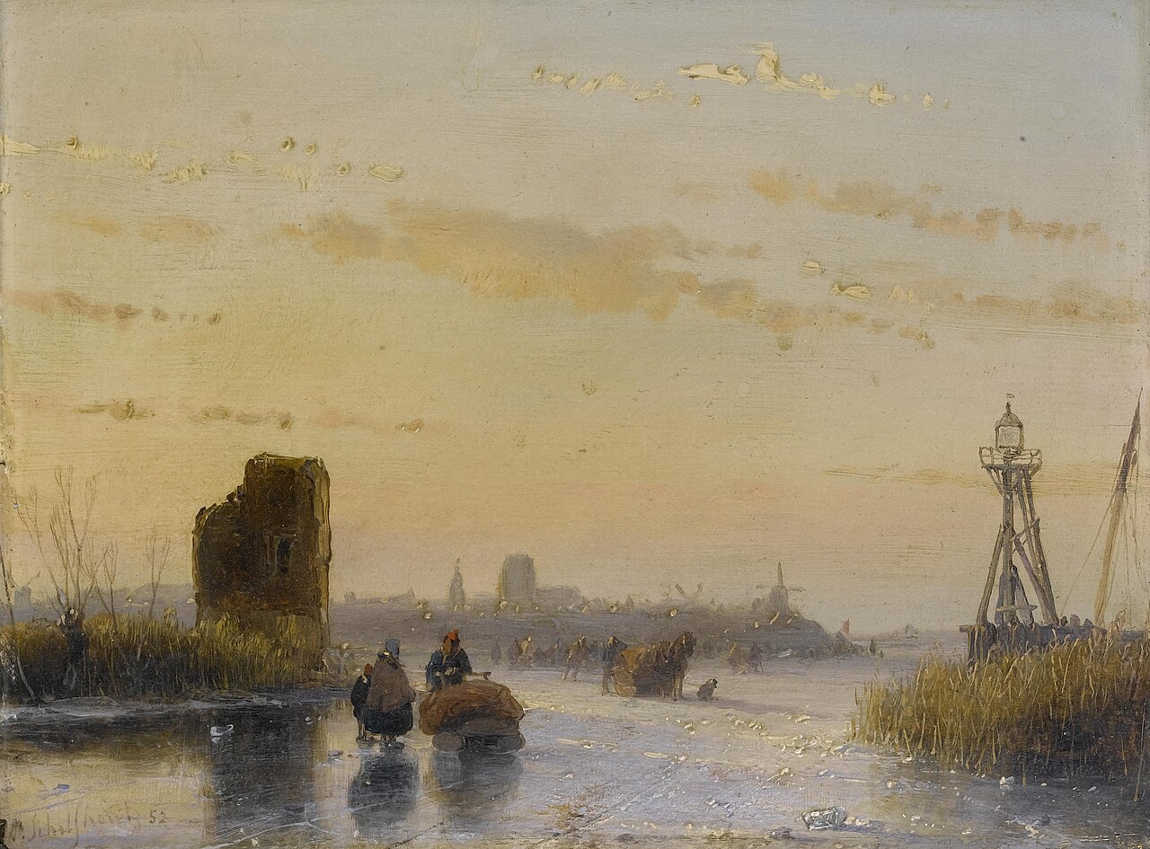 Figures on a frozen waterway by Andreas Schelfhout