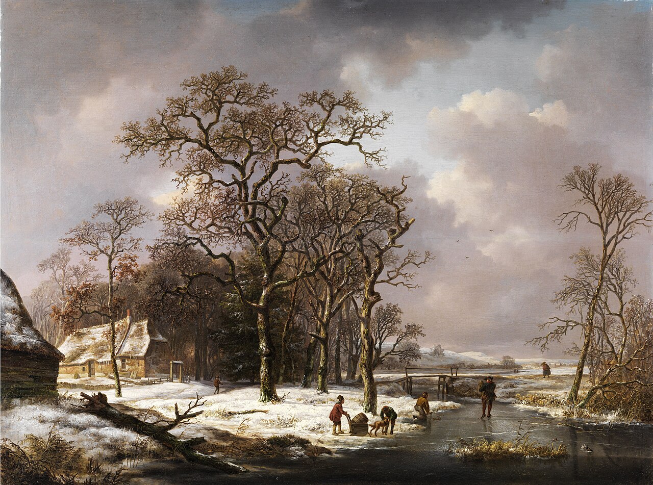 Winter landscape with gnarled oak trees by Andreas Schelfhout
