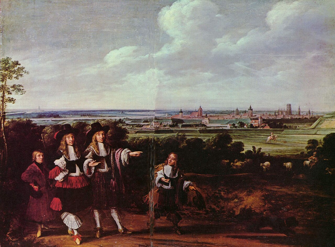 Group of men and boys on a stroll in a landscape with the city of Gdansk in the background by Andreas Stech