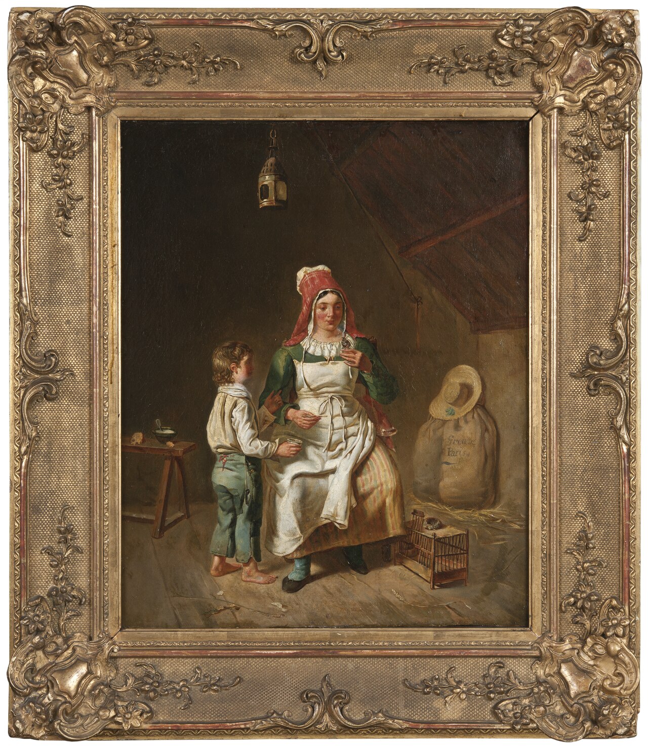 Mother and Son Feeding A Chick by Anna-Geneviève Greuze