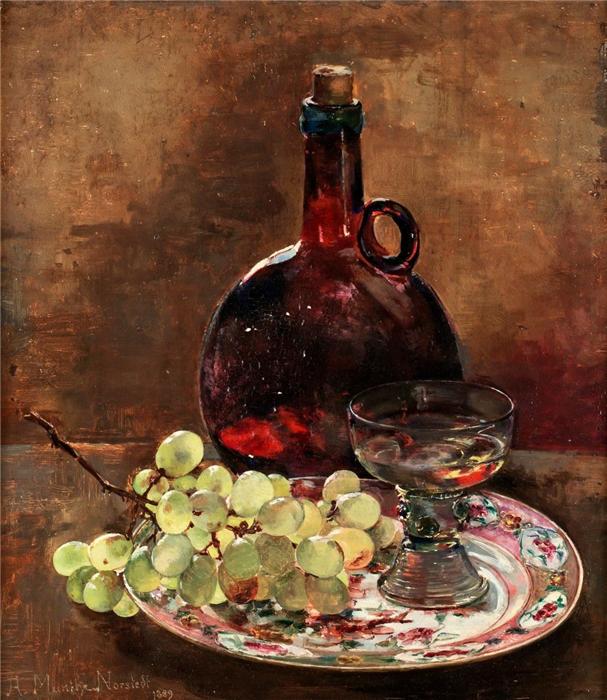 Still life painting with grapes on a plate and a bottle by Anna Munthe-Norstedt