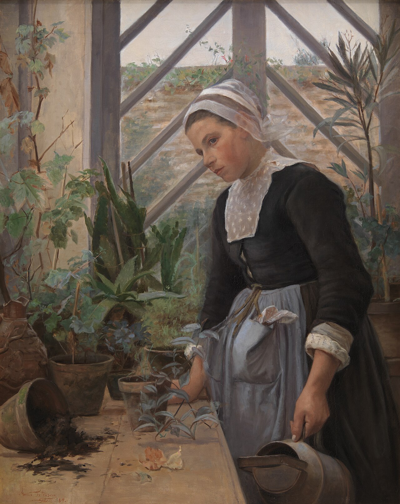 Breton Girl Looking After Plants in the Hothouse by Anna Petersen