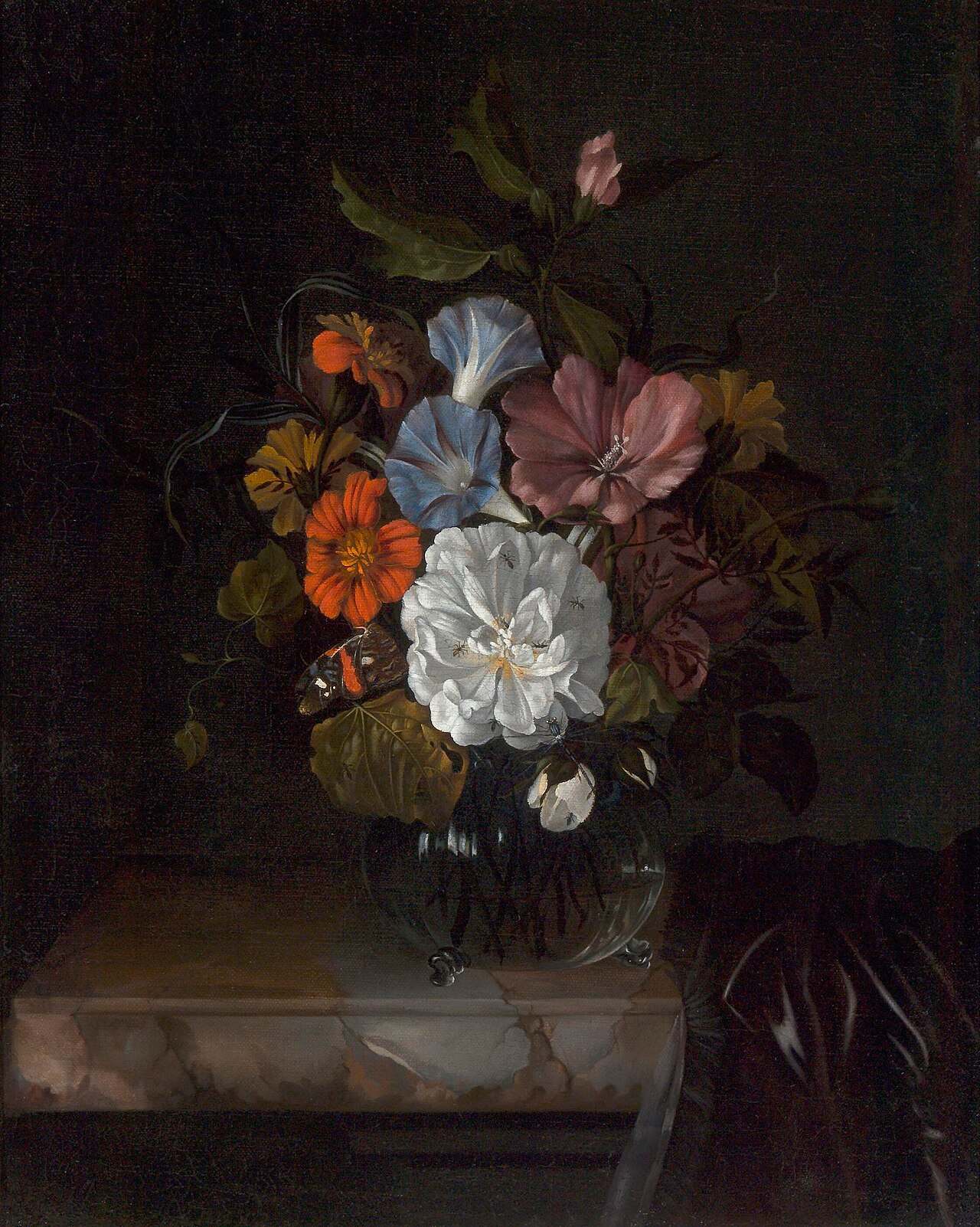 Flowers in a glass vase on a partly draped marble ledge by Anna Ruysch