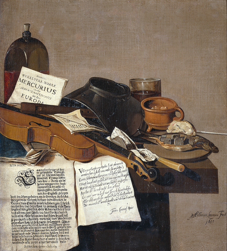 Still life with a copy of De Waere Mercurius, a broadsheet with the news of Tromp's victory over three English ships on 28 June 1639, and a poem telling the story of Apelles and the cobbler by Anthonie Leemans