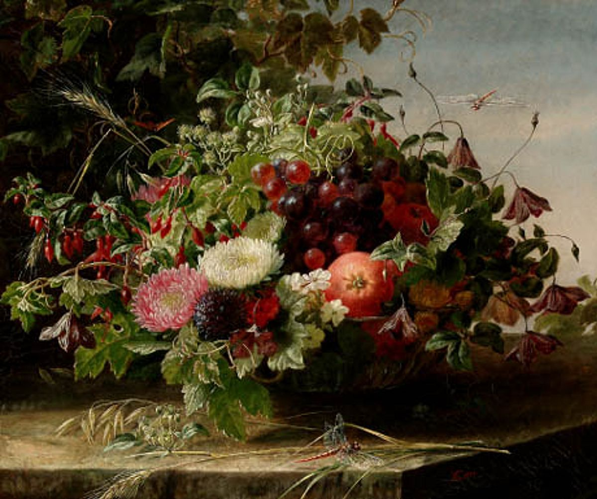Still life with aster, fuchsia, apples and grapes in a bowl. by Anthonore Christensen