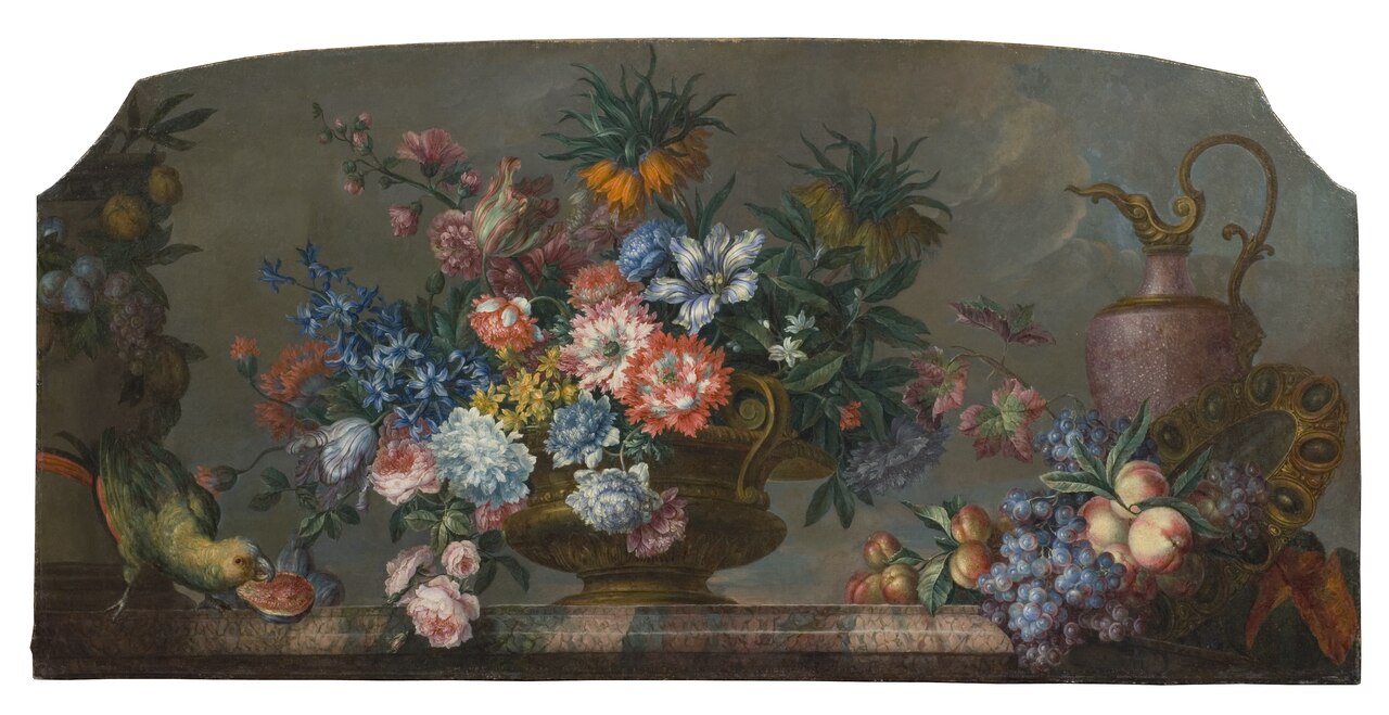 Flowerpiece with Vases and a Parrot by Antoine Monnoyer
