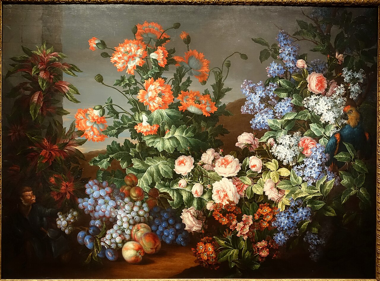 Still Life with Flowers, Fruits, a Parrot and a Monkey by Antoine Monnoyer