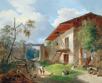 Children playing before a farmhouse by Anton Altmann