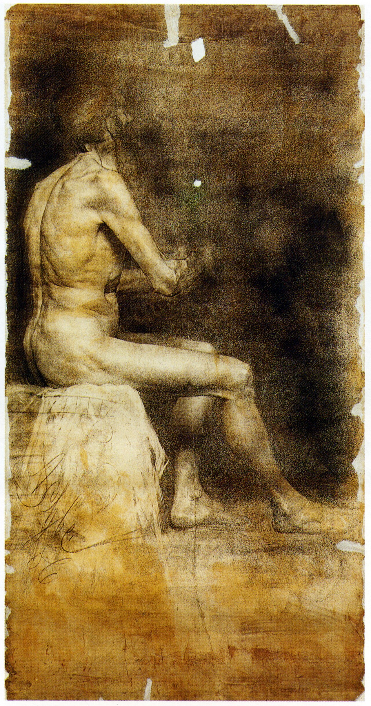 Sitting male nude in profile by Anton Ažbe