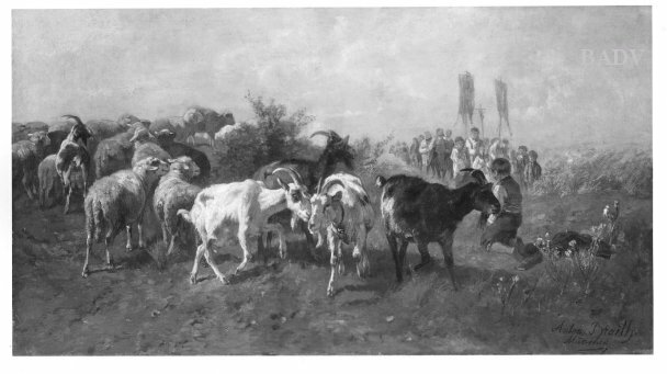 Procession passing cattle in meadow by Anton Braith