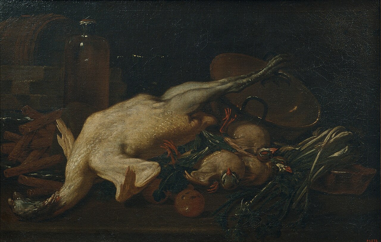 Still Life with Vegetables, Turkey, other Fowl and Wafers by Antoni Viladomat i Manalt