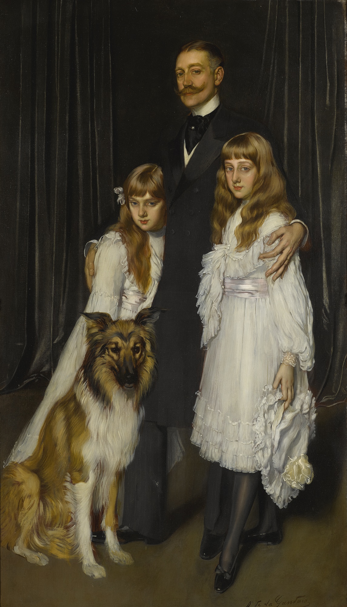 Portrait of a family with their collie by Antonio de La Gandara