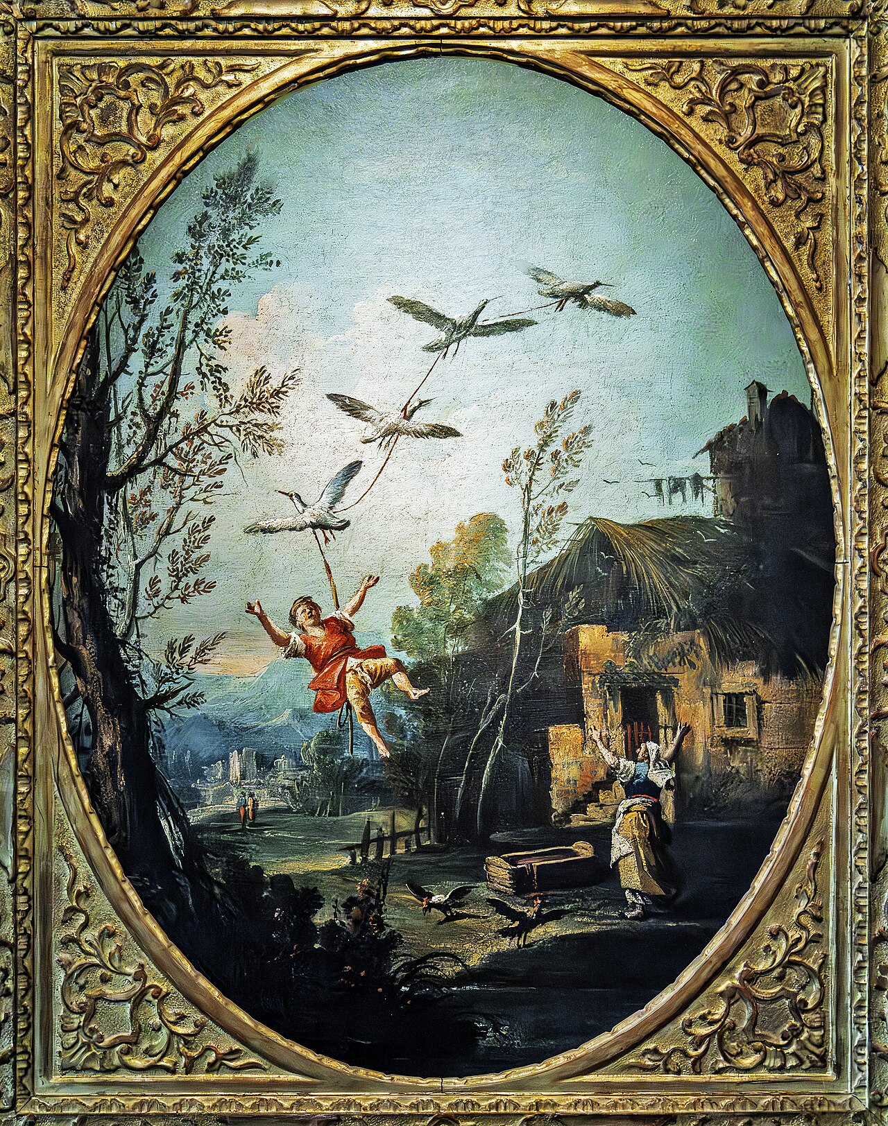 Bertoldino flying tied to geese by Antonio Diziani