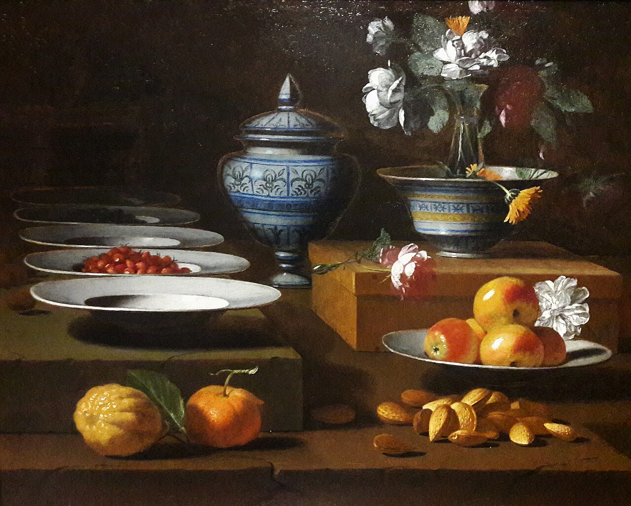Still life with porcelain, fruit and nuts by Antonio Ponce