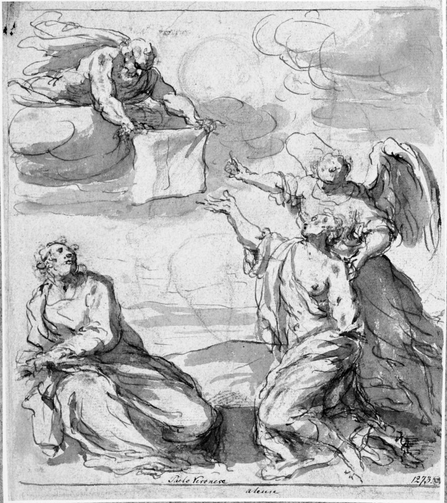 Two Saints, an Angel and a Figure Hovering in the Sky with a Piece of Cloth that He Is Holding Out to the Female Saint by Antonio Vassilacchi