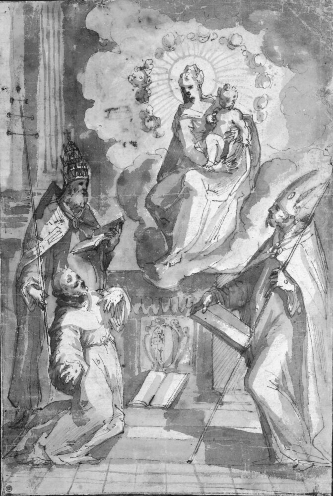 The Madonna in a vision, adored by St. Francis assisted by St. Gregory and St. Augustin by Antonio Viviani