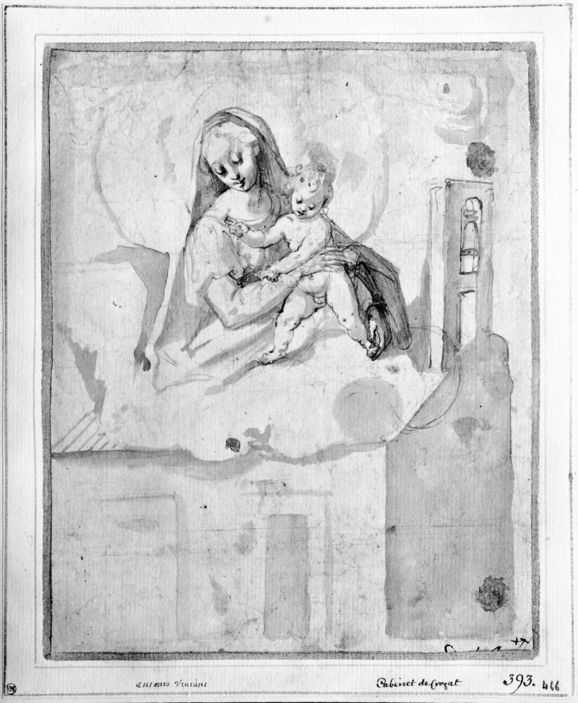 The madonna with child hovering over "Casa Santa di Loreto" by Antonio Viviani