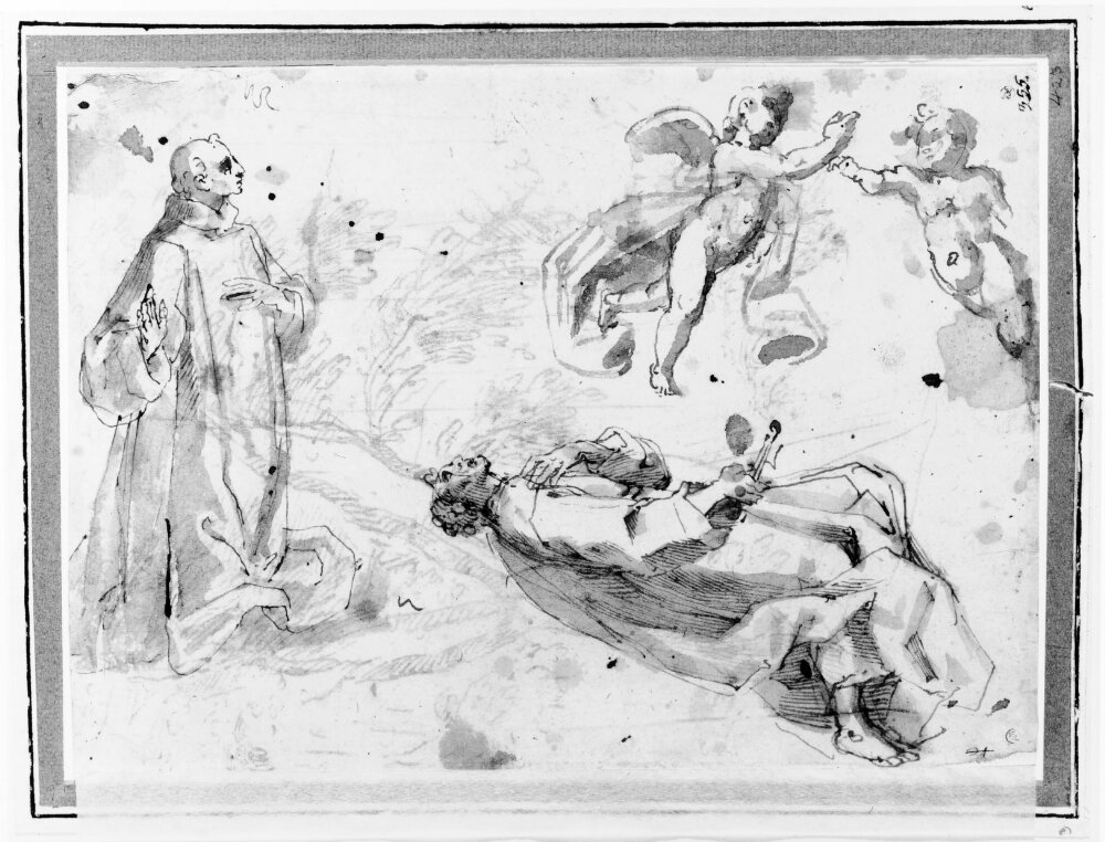 Two kneeling men, two small angels in the sky by Antonio Viviani